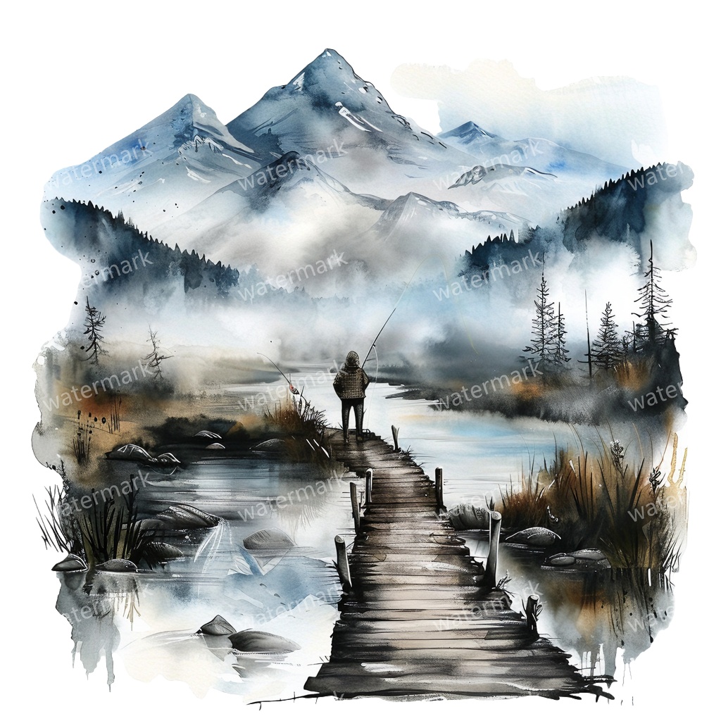 【商用利用可】釣りをする男性(水彩フィッシング)クリップアート13点セット|高解像度・透過PNG|印刷OK|コラージュ・ジャンクジャーナル素材|即ダウンロード