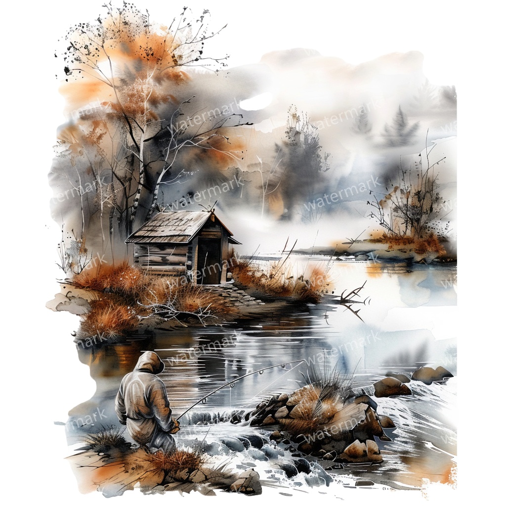 【商用利用可】釣りをする男性(水彩フィッシング)クリップアート13点セット|高解像度・透過PNG|印刷OK|コラージュ・ジャンクジャーナル素材|即ダウンロード