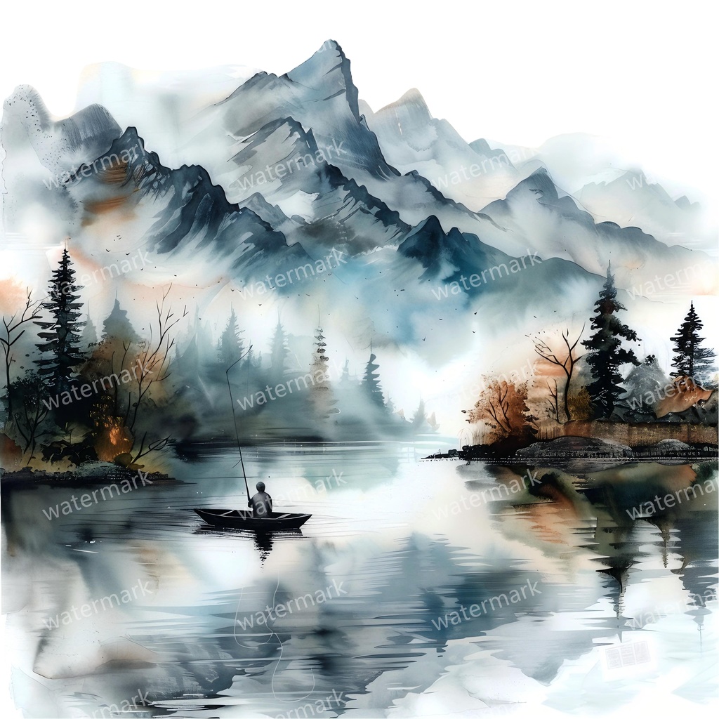 【商用利用可】釣りをする男性(水彩フィッシング)クリップアート13点セット|高解像度・透過PNG|印刷OK|コラージュ・ジャンクジャーナル素材|即ダウンロード