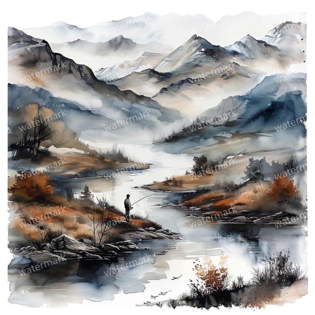 【商用利用可】釣りをする男性(水彩フィッシング)クリップアート13点セット|高解像度・透過PNG|印刷OK|コラージュ・ジャンクジャーナル素材|即ダウンロード