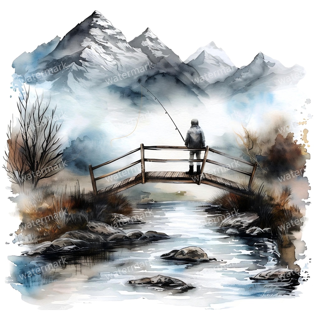 【商用利用可】釣りをする男性(水彩フィッシング)クリップアート13点セット|高解像度・透過PNG|印刷OK|コラージュ・ジャンクジャーナル素材|即ダウンロード