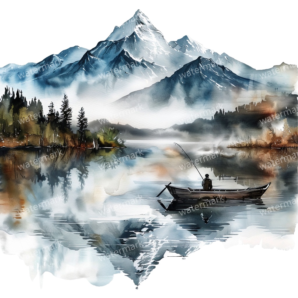 【商用利用可】釣りをする男性(水彩フィッシング)クリップアート13点セット|高解像度・透過PNG|印刷OK|コラージュ・ジャンクジャーナル素材|即ダウンロード