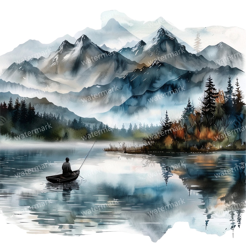 【商用利用可】釣りをする男性(水彩フィッシング)クリップアート13点セット|高解像度・透過PNG|印刷OK|コラージュ・ジャンクジャーナル素材|即ダウンロード