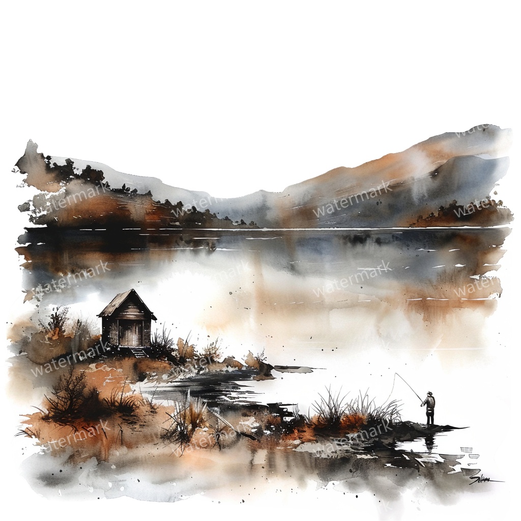 【商用利用可】釣りをする男性(水彩フィッシング)クリップアート13点セット|高解像度・透過PNG|印刷OK|コラージュ・ジャンクジャーナル素材|即ダウンロード