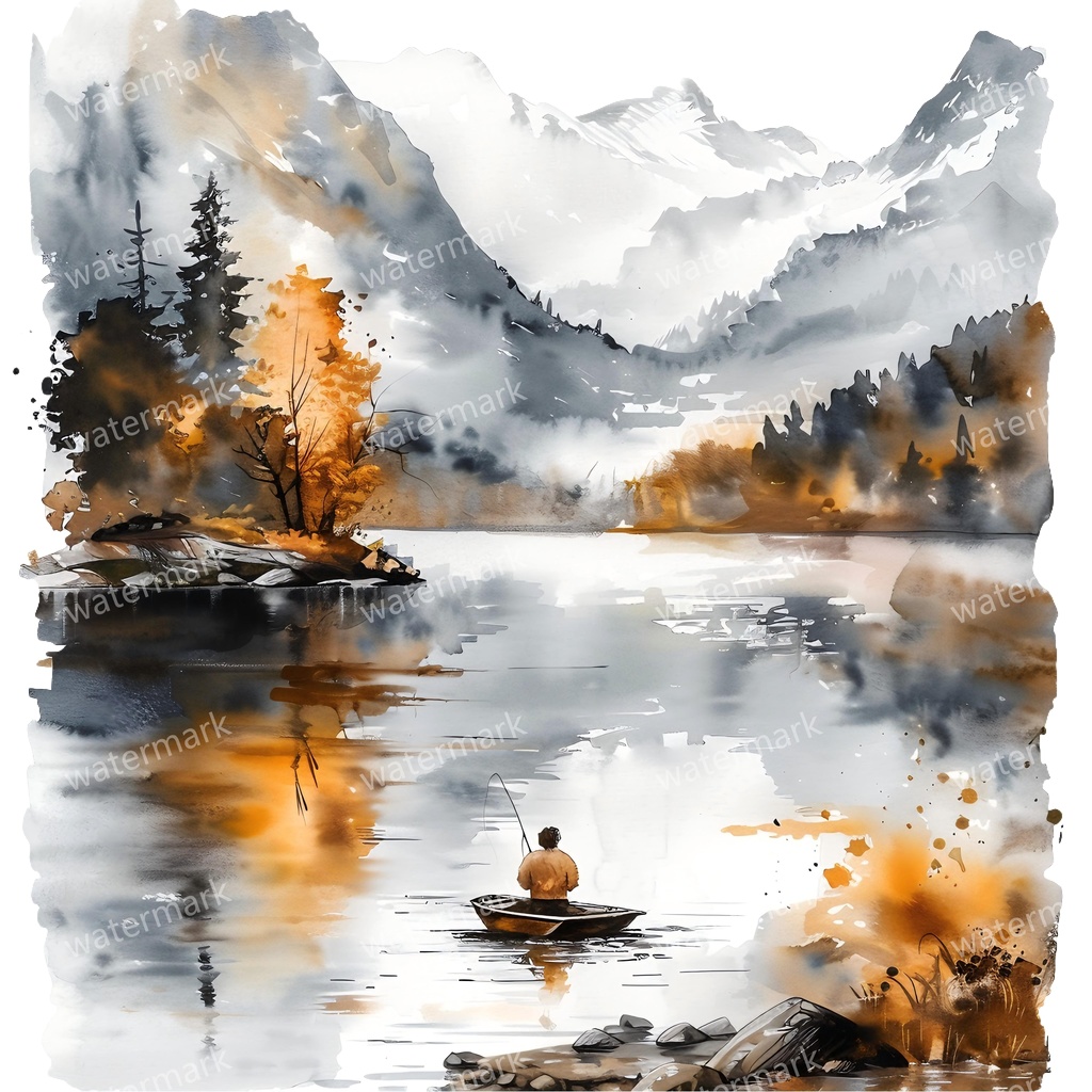 【商用利用可】釣りをする男性(水彩フィッシング)クリップアート13点セット|高解像度・透過PNG|印刷OK|コラージュ・ジャンクジャーナル素材|即ダウンロード