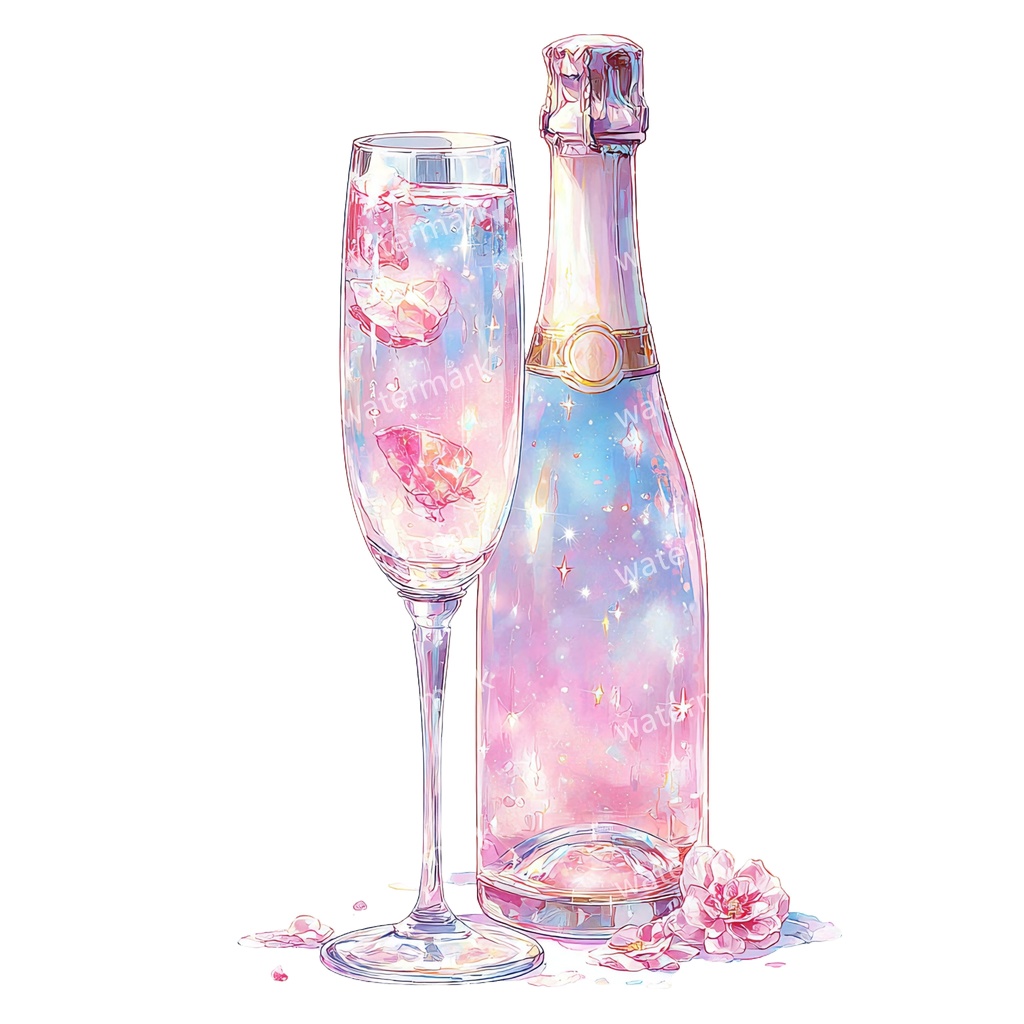 【商用利用可】シャンパン(水彩グラス&ボトル)クリップアート19点セット|高解像度・透過PNG|印刷OK|コラージュ・ジャンクジャーナル素材|即ダウンロード