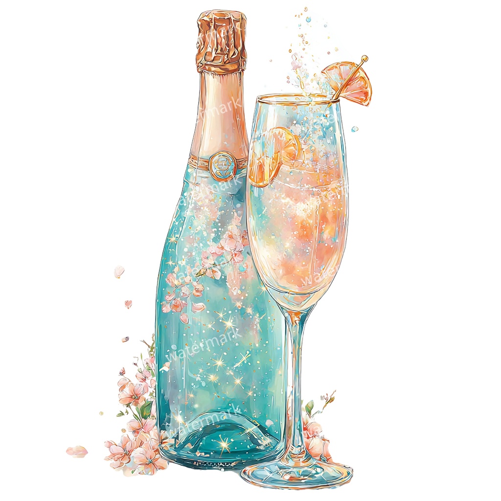 【商用利用可】シャンパン(水彩グラス&ボトル)クリップアート19点セット|高解像度・透過PNG|印刷OK|コラージュ・ジャンクジャーナル素材|即ダウンロード