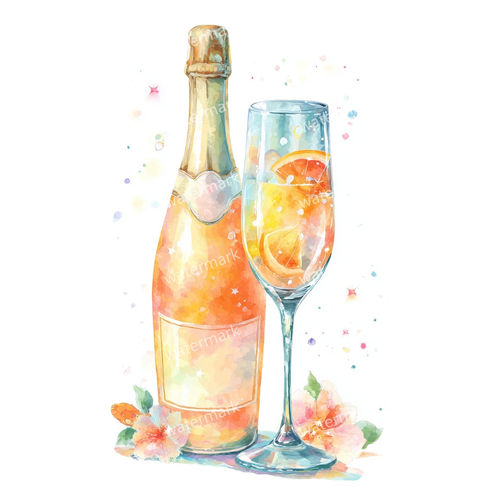 【商用利用可】シャンパン(水彩グラス&ボトル)クリップアート19点セット|高解像度・透過PNG|印刷OK|コラージュ・ジャンクジャーナル素材|即ダウンロード