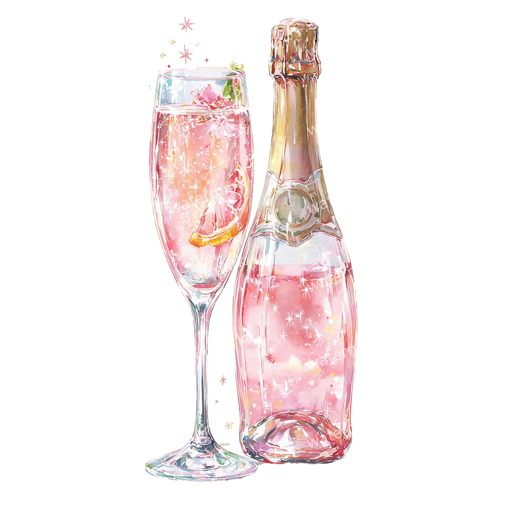 【商用利用可】シャンパン(水彩グラス&ボトル)クリップアート19点セット|高解像度・透過PNG|印刷OK|コラージュ・ジャンクジャーナル素材|即ダウンロード