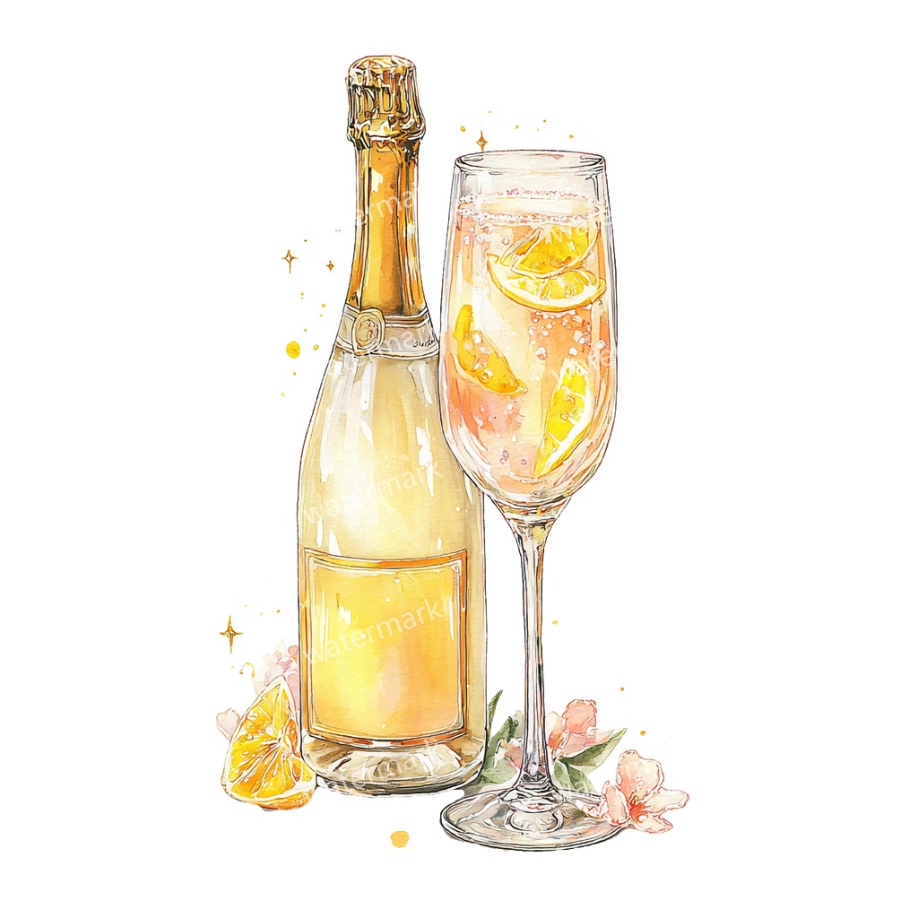 【商用利用可】シャンパン(水彩グラス&ボトル)クリップアート19点セット|高解像度・透過PNG|印刷OK|コラージュ・ジャンクジャーナル素材|即ダウンロード