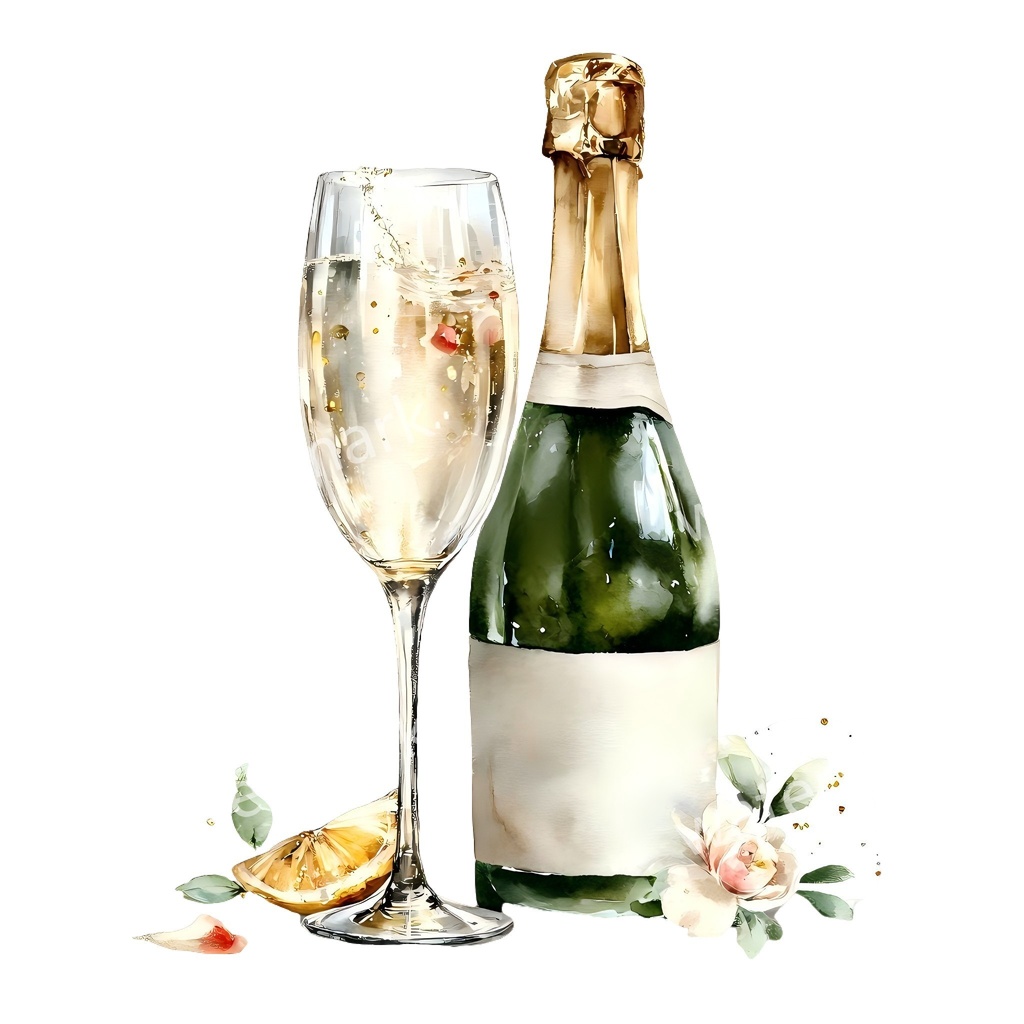【商用利用可】シャンパン(水彩グラス&ボトル)クリップアート19点セット|高解像度・透過PNG|印刷OK|コラージュ・ジャンクジャーナル素材|即ダウンロード