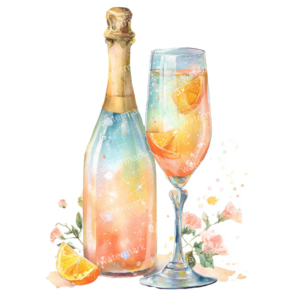 【商用利用可】シャンパン(水彩グラス&ボトル)クリップアート19点セット|高解像度・透過PNG|印刷OK|コラージュ・ジャンクジャーナル素材|即ダウンロード