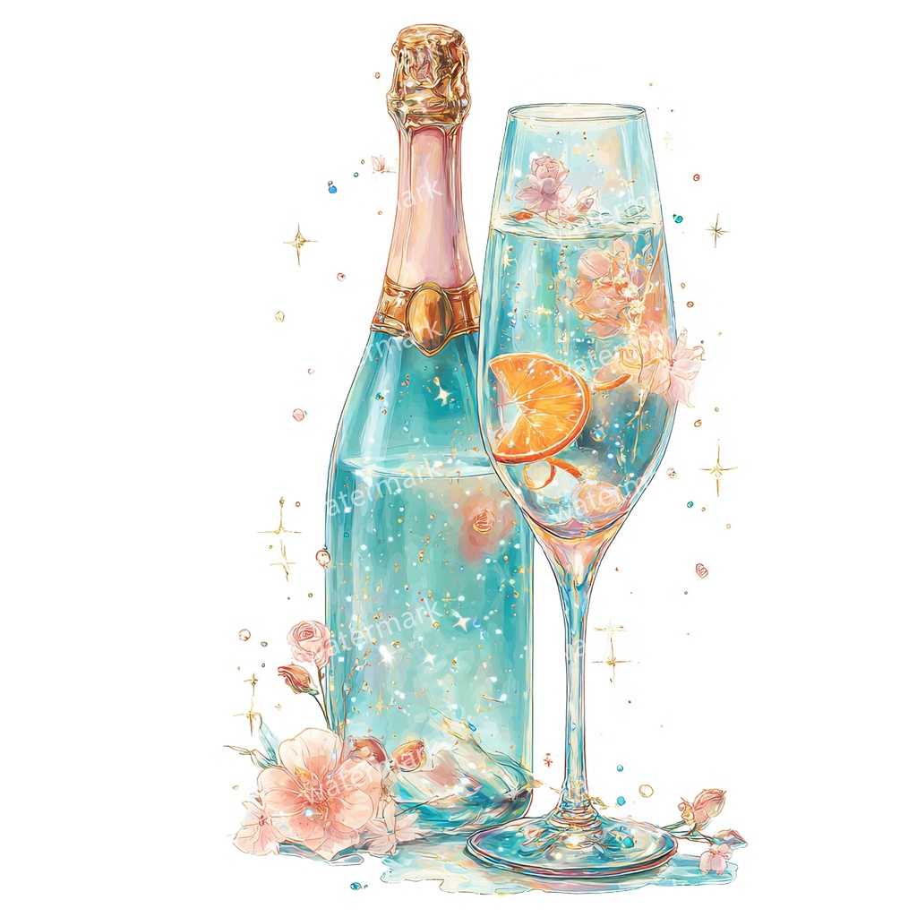 【商用利用可】シャンパン(水彩グラス&ボトル)クリップアート19点セット|高解像度・透過PNG|印刷OK|コラージュ・ジャンクジャーナル素材|即ダウンロード