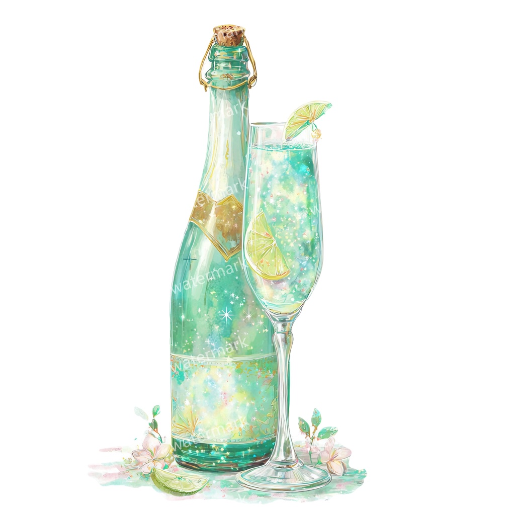 【商用利用可】シャンパン(水彩グラス&ボトル)クリップアート19点セット|高解像度・透過PNG|印刷OK|コラージュ・ジャンクジャーナル素材|即ダウンロード