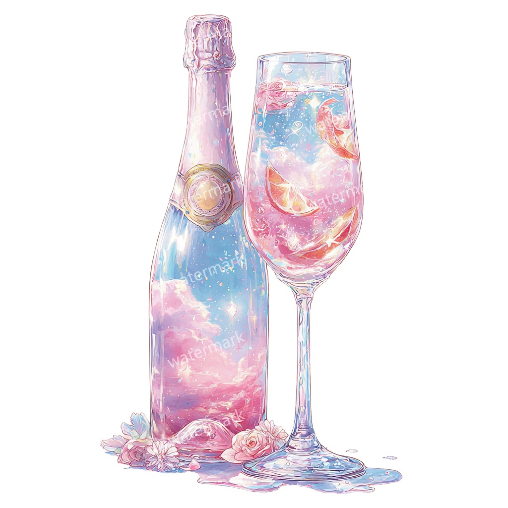 【商用利用可】シャンパン(水彩グラス&ボトル)クリップアート19点セット|高解像度・透過PNG|印刷OK|コラージュ・ジャンクジャーナル素材|即ダウンロード