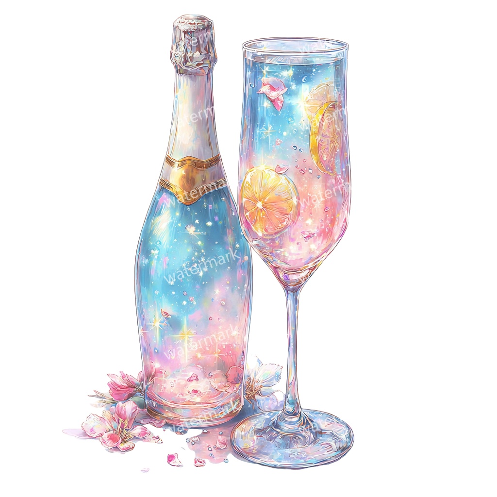 【商用利用可】シャンパン(水彩グラス&ボトル)クリップアート19点セット|高解像度・透過PNG|印刷OK|コラージュ・ジャンクジャーナル素材|即ダウンロード