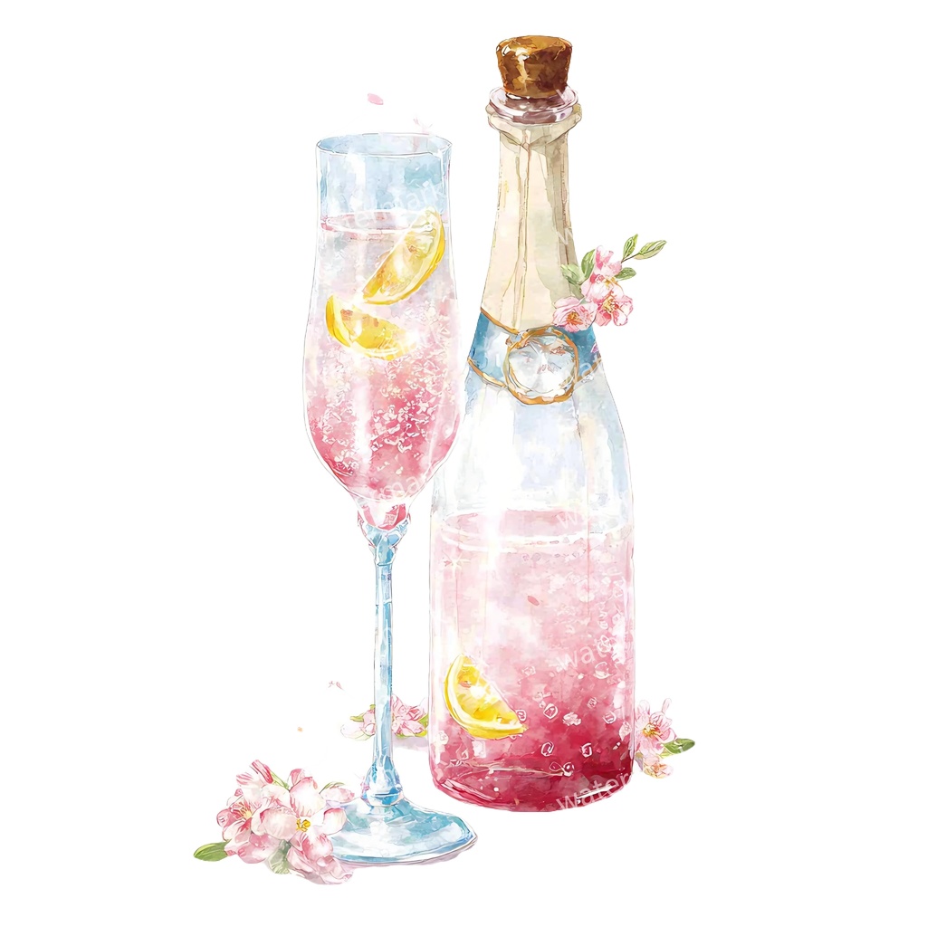 【商用利用可】シャンパン(水彩グラス&ボトル)クリップアート19点セット|高解像度・透過PNG|印刷OK|コラージュ・ジャンクジャーナル素材|即ダウンロード