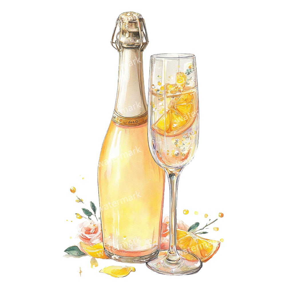 【商用利用可】シャンパン(水彩グラス&ボトル)クリップアート19点セット|高解像度・透過PNG|印刷OK|コラージュ・ジャンクジャーナル素材|即ダウンロード