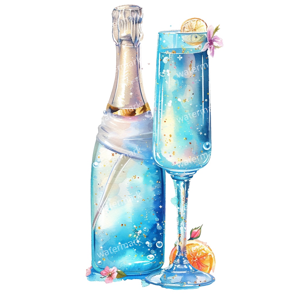 【商用利用可】シャンパン(水彩グラス&ボトル)クリップアート19点セット|高解像度・透過PNG|印刷OK|コラージュ・ジャンクジャーナル素材|即ダウンロード