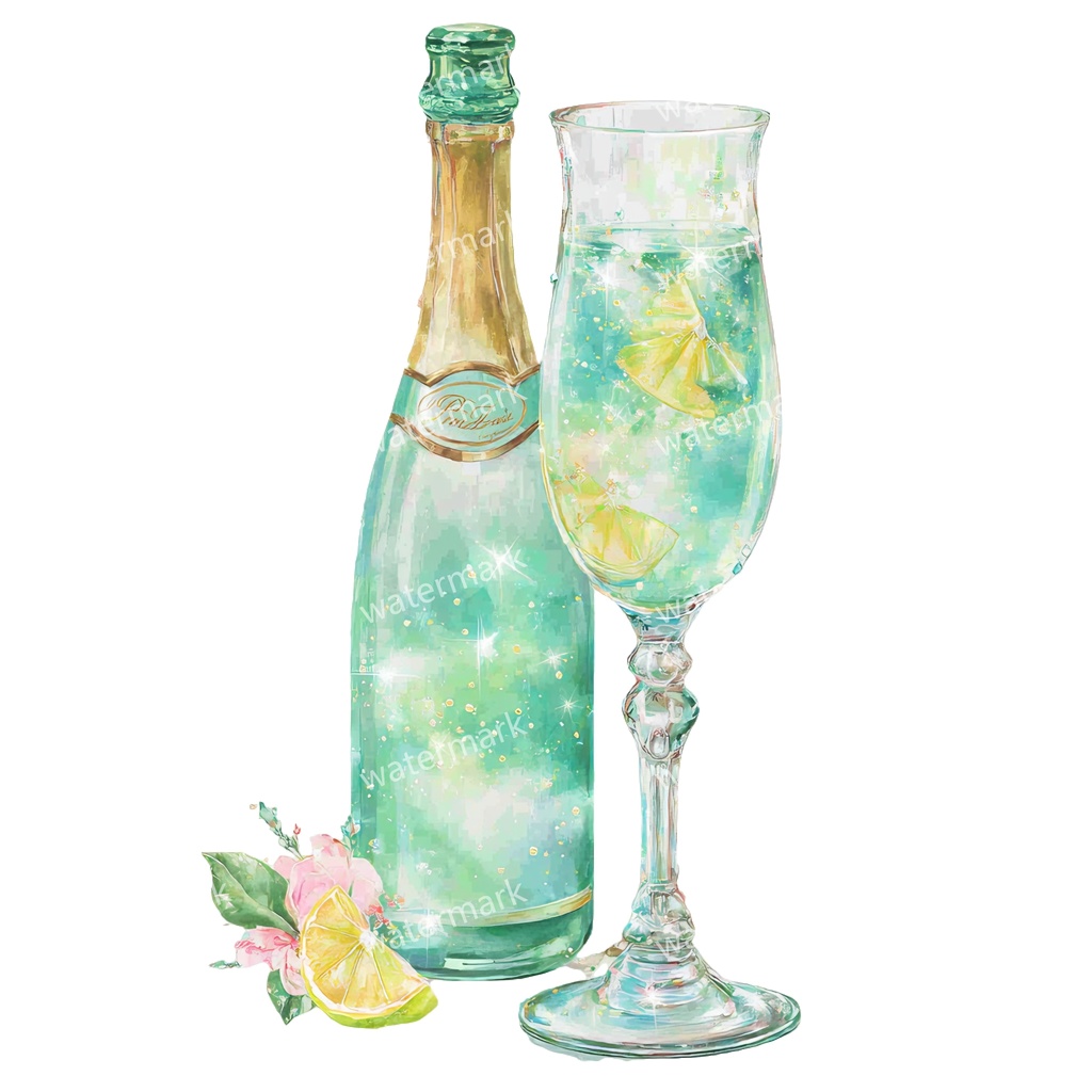 【商用利用可】シャンパン(水彩グラス&ボトル)クリップアート19点セット|高解像度・透過PNG|印刷OK|コラージュ・ジャンクジャーナル素材|即ダウンロード