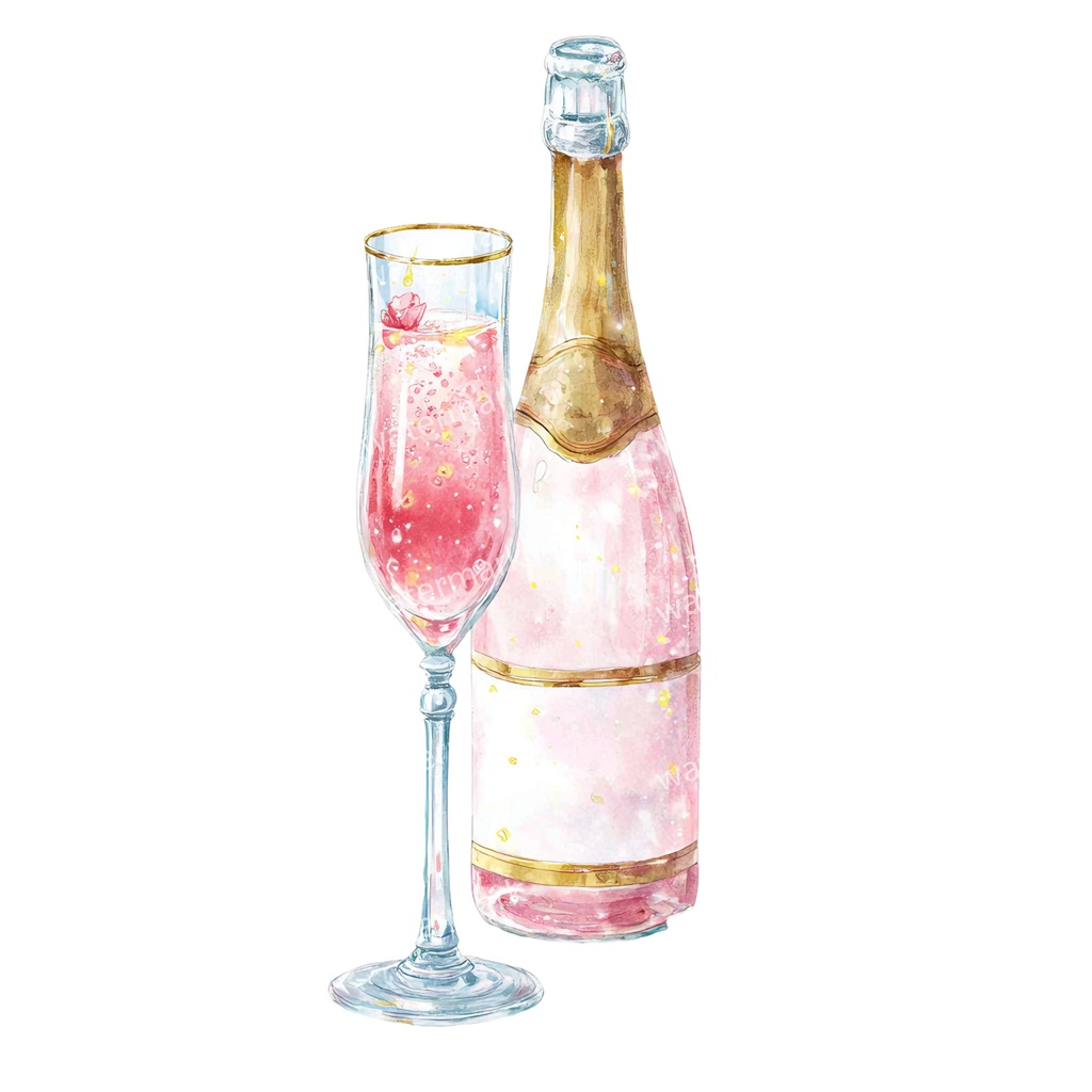 【商用利用可】シャンパン(水彩グラス&ボトル)クリップアート19点セット|高解像度・透過PNG|印刷OK|コラージュ・ジャンクジャーナル素材|即ダウンロード