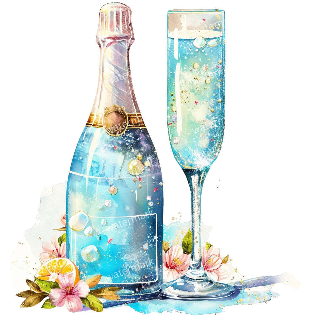 【商用利用可】シャンパン(水彩グラス&ボトル)クリップアート19点セット|高解像度・透過PNG|印刷OK|コラージュ・ジャンクジャーナル素材|即ダウンロード