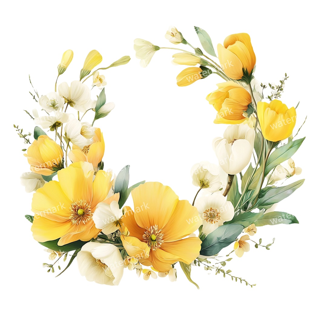 【商用利用可】イエローフラワーフレーム(水彩黄色の花枠)クリップアート20点セット|高解像度・透過PNG|印刷OK|コラージュ・ジャンクジャーナル素材|即ダウンロード