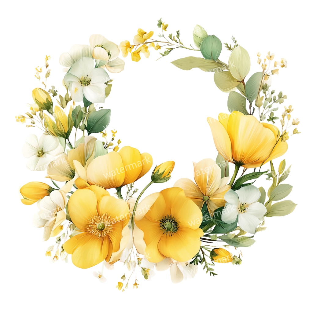 【商用利用可】イエローフラワーフレーム(水彩黄色の花枠)クリップアート20点セット|高解像度・透過PNG|印刷OK|コラージュ・ジャンクジャーナル素材|即ダウンロード