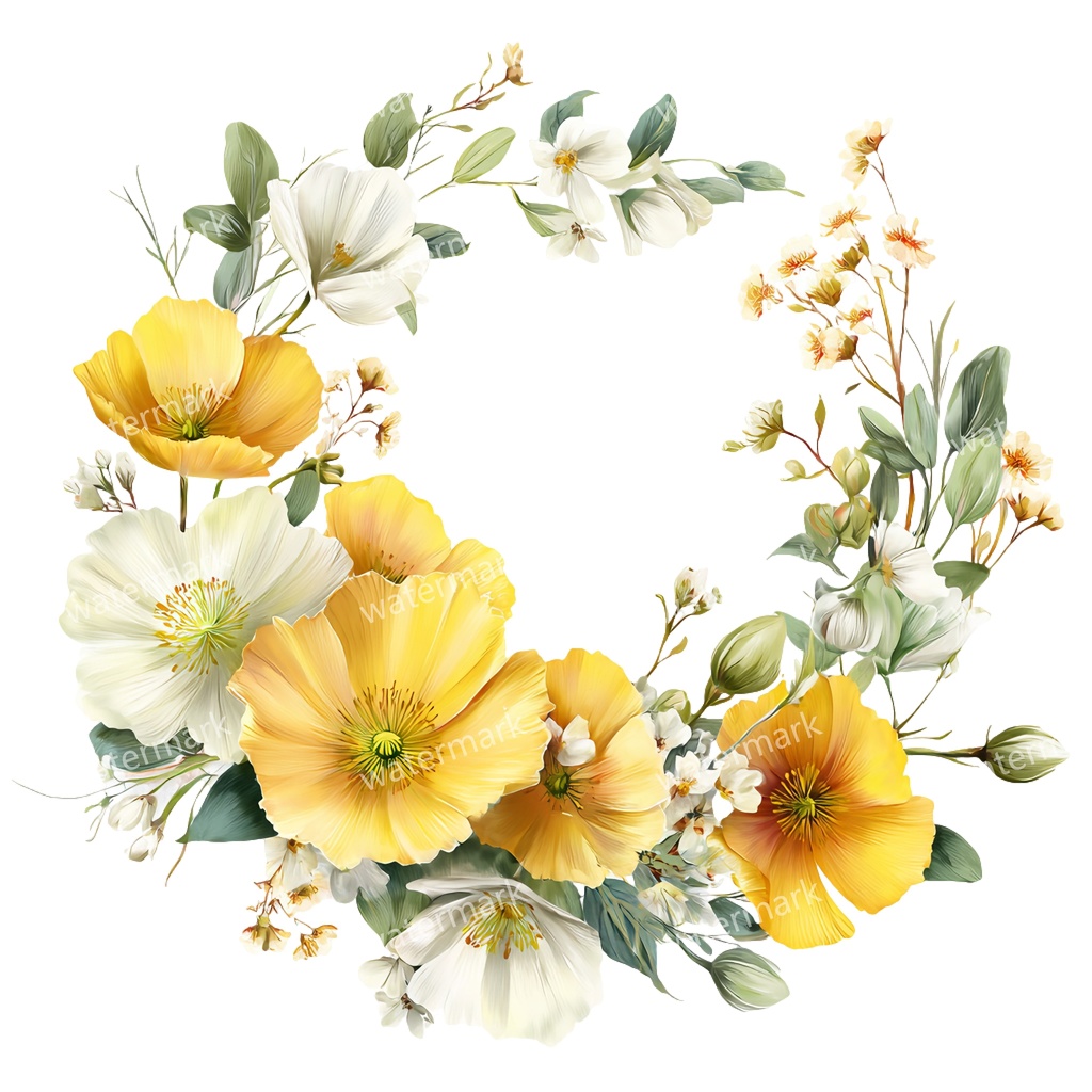 【商用利用可】イエローフラワーフレーム(水彩黄色の花枠)クリップアート20点セット|高解像度・透過PNG|印刷OK|コラージュ・ジャンクジャーナル素材|即ダウンロード