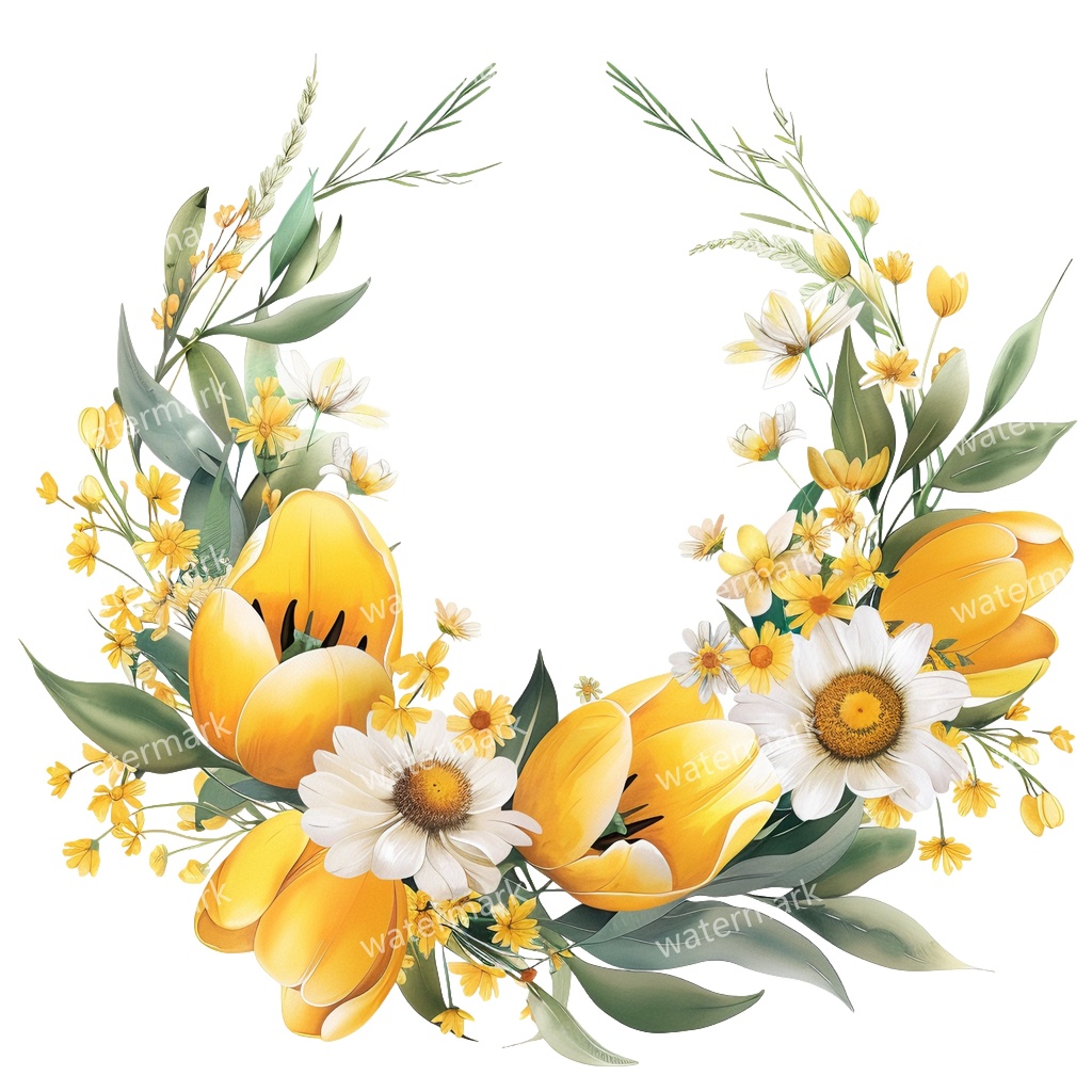 【商用利用可】イエローフラワーフレーム(水彩黄色の花枠)クリップアート20点セット|高解像度・透過PNG|印刷OK|コラージュ・ジャンクジャーナル素材|即ダウンロード