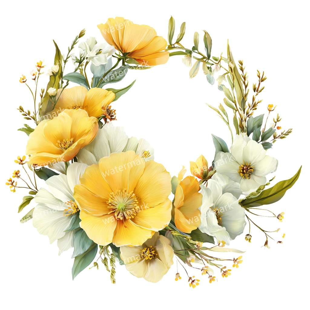 【商用利用可】イエローフラワーフレーム(水彩黄色の花枠)クリップアート20点セット|高解像度・透過PNG|印刷OK|コラージュ・ジャンクジャーナル素材|即ダウンロード