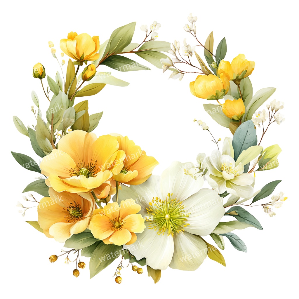 【商用利用可】イエローフラワーフレーム(水彩黄色の花枠)クリップアート20点セット|高解像度・透過PNG|印刷OK|コラージュ・ジャンクジャーナル素材|即ダウンロード