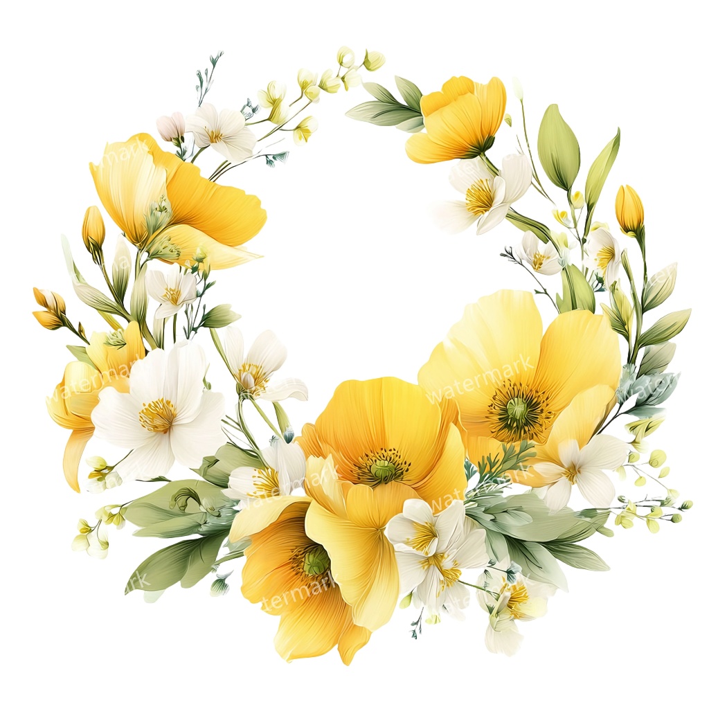 【商用利用可】イエローフラワーフレーム(水彩黄色の花枠)クリップアート20点セット|高解像度・透過PNG|印刷OK|コラージュ・ジャンクジャーナル素材|即ダウンロード