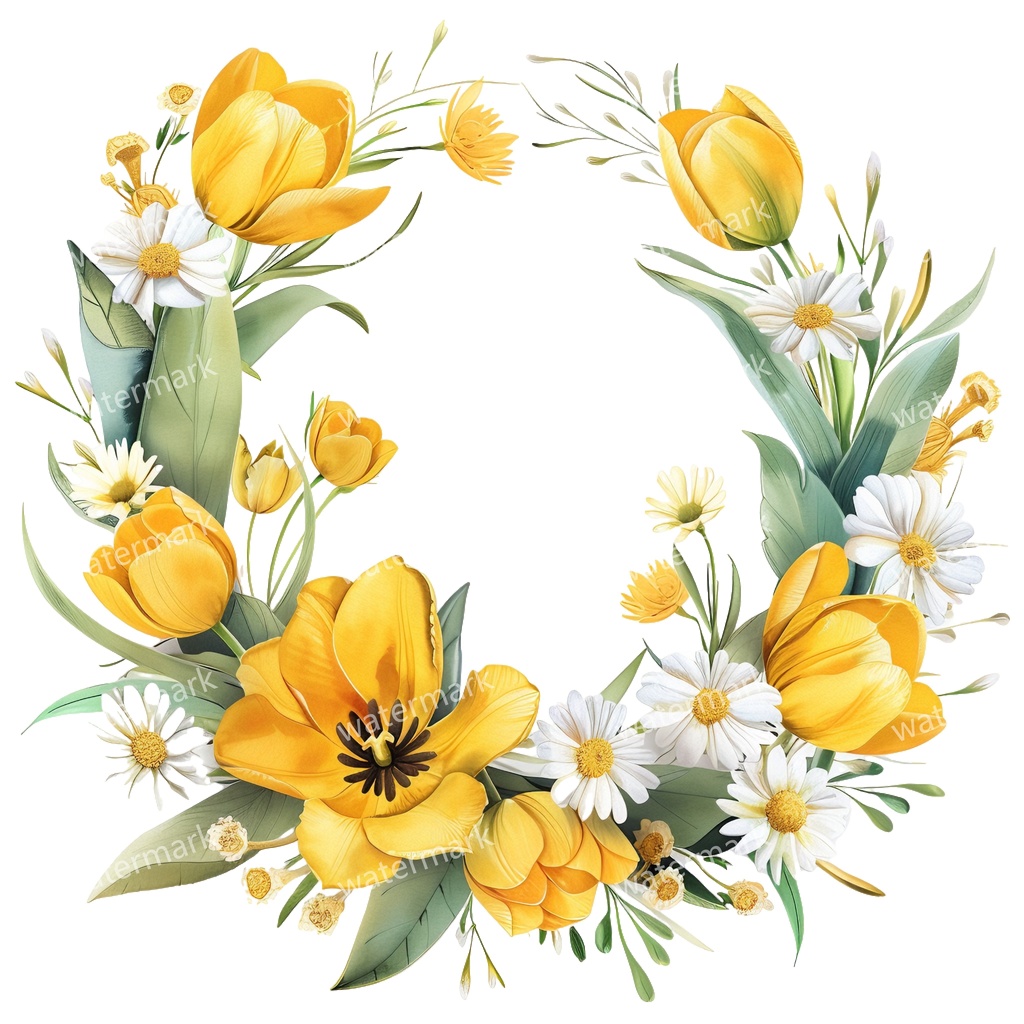 【商用利用可】イエローフラワーフレーム(水彩黄色の花枠)クリップアート20点セット|高解像度・透過PNG|印刷OK|コラージュ・ジャンクジャーナル素材|即ダウンロード