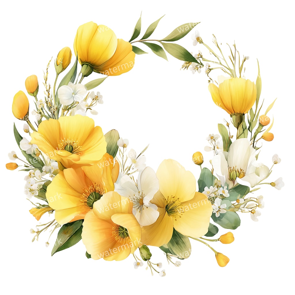【商用利用可】イエローフラワーフレーム(水彩黄色の花枠)クリップアート20点セット|高解像度・透過PNG|印刷OK|コラージュ・ジャンクジャーナル素材|即ダウンロード