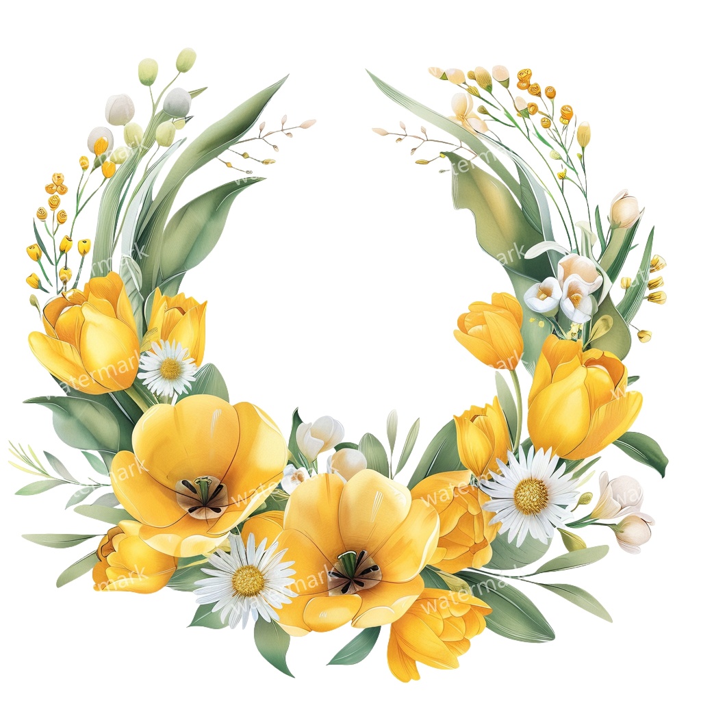 【商用利用可】イエローフラワーフレーム(水彩黄色の花枠)クリップアート20点セット|高解像度・透過PNG|印刷OK|コラージュ・ジャンクジャーナル素材|即ダウンロード