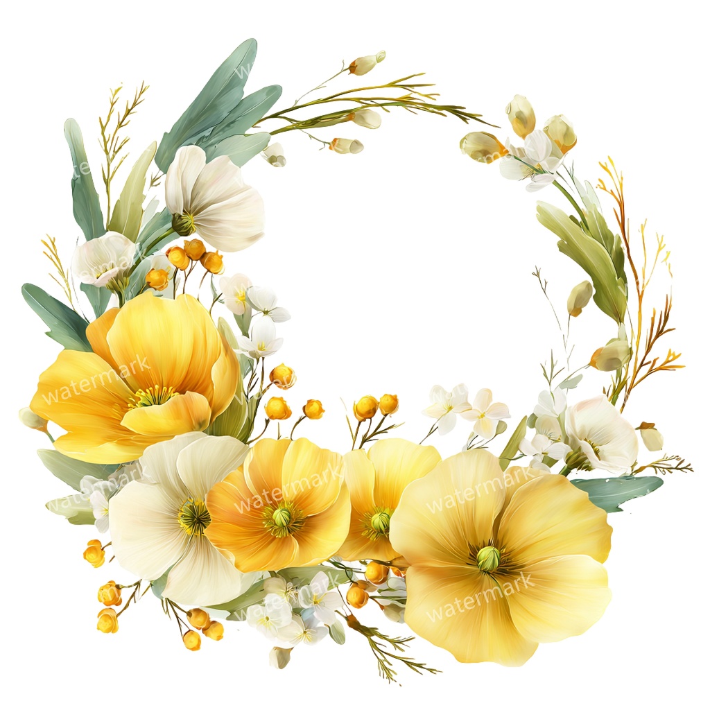 【商用利用可】イエローフラワーフレーム(水彩黄色の花枠)クリップアート20点セット|高解像度・透過PNG|印刷OK|コラージュ・ジャンクジャーナル素材|即ダウンロード