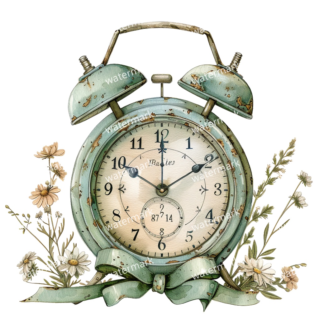 【商用利用可】ヴィンテージ目覚まし時計(水彩ヴィンテージクロック)クリップアート17点セット|高解像度・透過PNG|印刷OK|コラージュ・ジャンクジャーナル素材|即ダウンロード