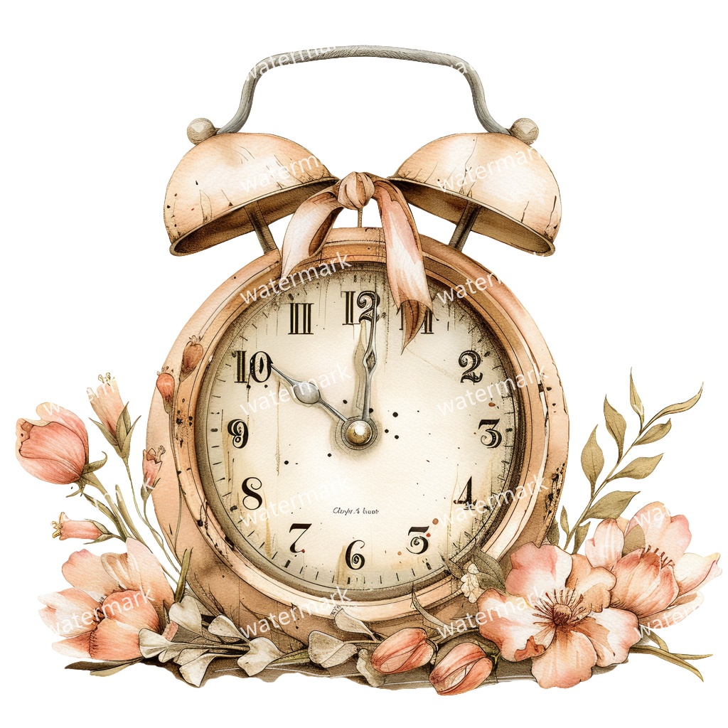 【商用利用可】ヴィンテージ目覚まし時計(水彩ヴィンテージクロック)クリップアート17点セット|高解像度・透過PNG|印刷OK|コラージュ・ジャンクジャーナル素材|即ダウンロード
