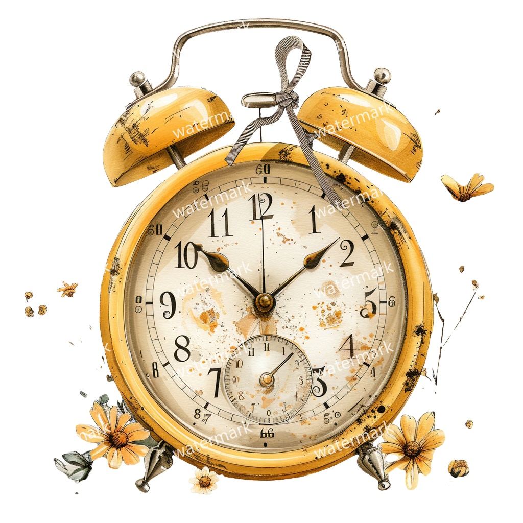【商用利用可】ヴィンテージ目覚まし時計(水彩ヴィンテージクロック)クリップアート17点セット|高解像度・透過PNG|印刷OK|コラージュ・ジャンクジャーナル素材|即ダウンロード