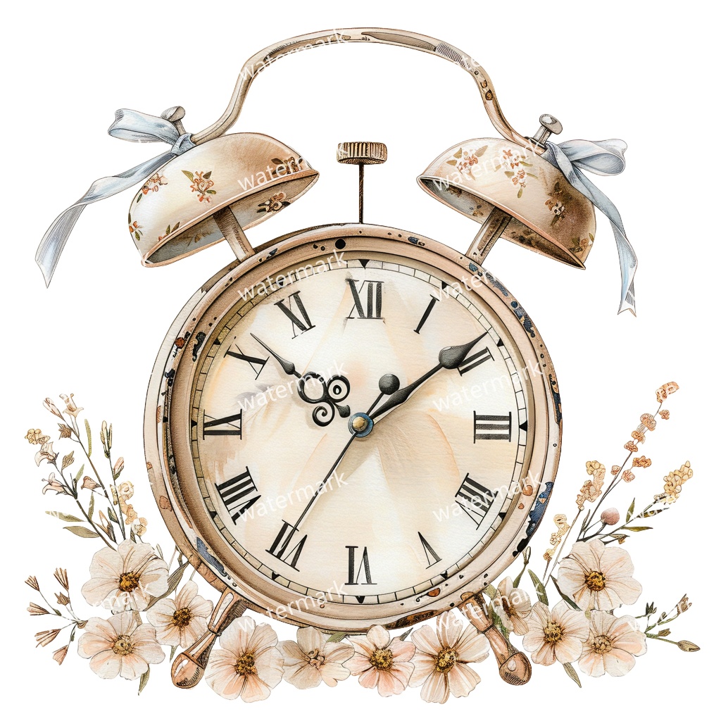 【商用利用可】ヴィンテージ目覚まし時計(水彩ヴィンテージクロック)クリップアート17点セット|高解像度・透過PNG|印刷OK|コラージュ・ジャンクジャーナル素材|即ダウンロード