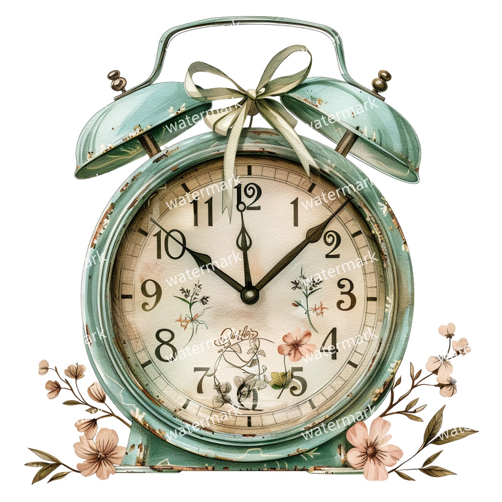 【商用利用可】ヴィンテージ目覚まし時計(水彩ヴィンテージクロック)クリップアート17点セット|高解像度・透過PNG|印刷OK|コラージュ・ジャンクジャーナル素材|即ダウンロード