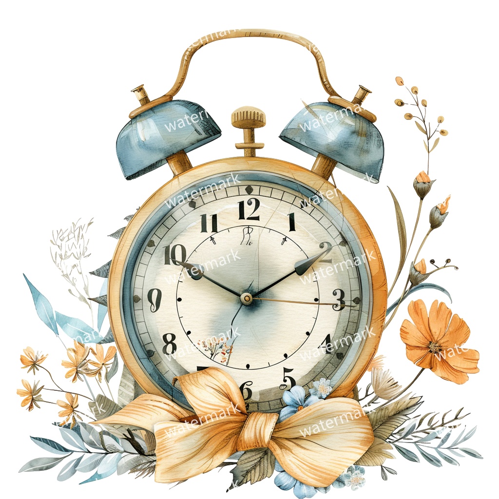 【商用利用可】ヴィンテージ目覚まし時計(水彩ヴィンテージクロック)クリップアート17点セット|高解像度・透過PNG|印刷OK|コラージュ・ジャンクジャーナル素材|即ダウンロード