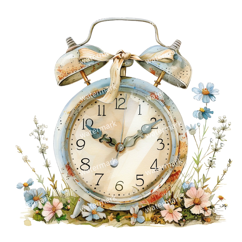 【商用利用可】ヴィンテージ目覚まし時計(水彩ヴィンテージクロック)クリップアート17点セット|高解像度・透過PNG|印刷OK|コラージュ・ジャンクジャーナル素材|即ダウンロード
