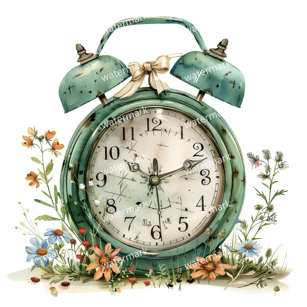 【商用利用可】ヴィンテージ目覚まし時計(水彩ヴィンテージクロック)クリップアート17点セット|高解像度・透過PNG|印刷OK|コラージュ・ジャンクジャーナル素材|即ダウンロード