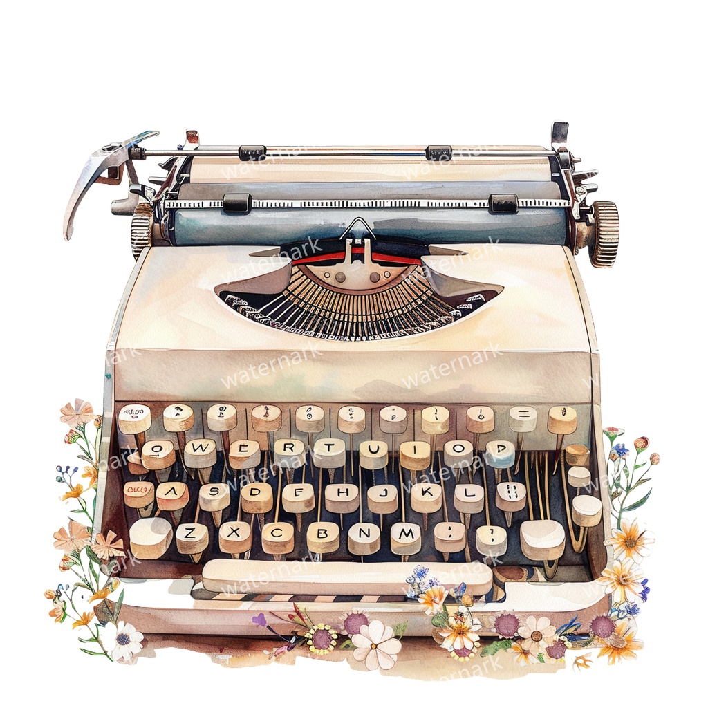 【商用利用可】ヴィンテージタイプライター(水彩クラシックタイプライター)クリップアート20点セット|高解像度・透過PNG|印刷OK|コラージュ・ジャンクジャーナル素材|即ダウンロード