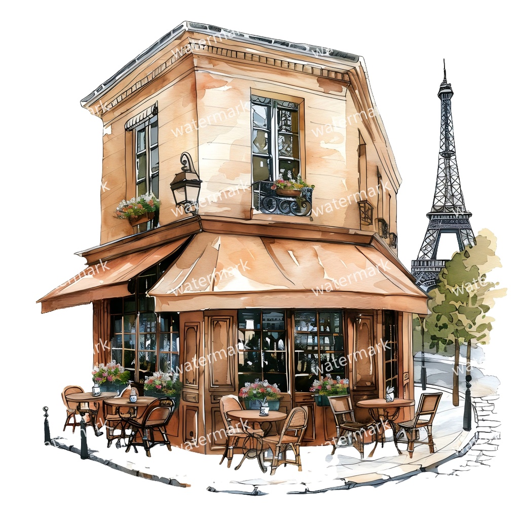 【商用利用可】パリのカフェコーナー(水彩パリスケッチ)クリップアート20点セット|高解像度・透過PNG|印刷OK|コラージュ・ジャンクジャーナル素材|即ダウンロード