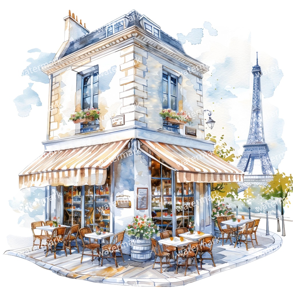 【商用利用可】パリのカフェコーナー(水彩パリスケッチ)クリップアート20点セット|高解像度・透過PNG|印刷OK|コラージュ・ジャンクジャーナル素材|即ダウンロード