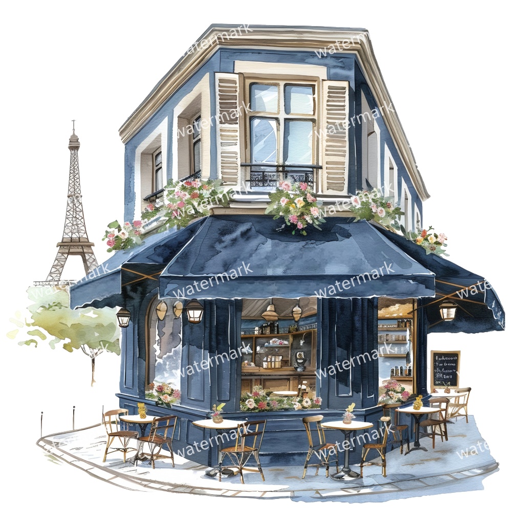 【商用利用可】パリのカフェコーナー(水彩パリスケッチ)クリップアート20点セット|高解像度・透過PNG|印刷OK|コラージュ・ジャンクジャーナル素材|即ダウンロード