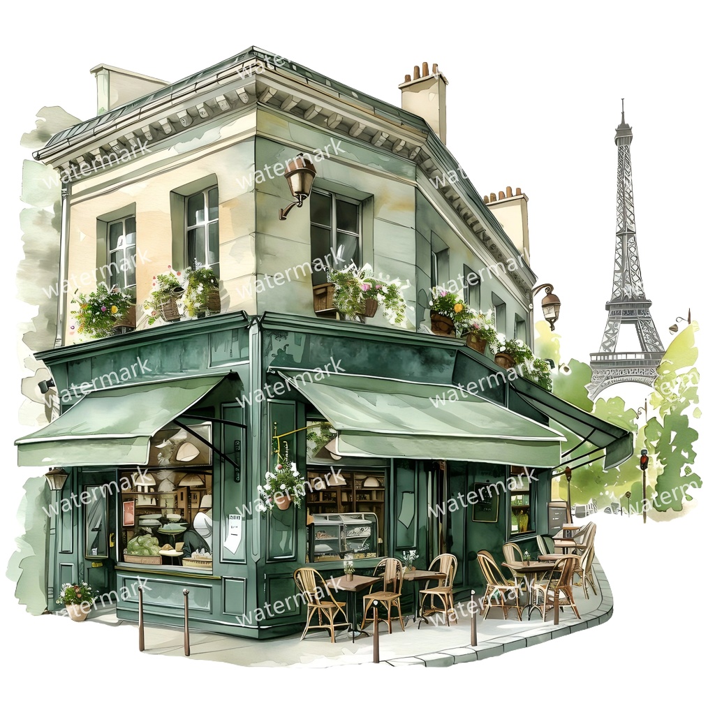 【商用利用可】パリのカフェコーナー(水彩パリスケッチ)クリップアート20点セット|高解像度・透過PNG|印刷OK|コラージュ・ジャンクジャーナル素材|即ダウンロード